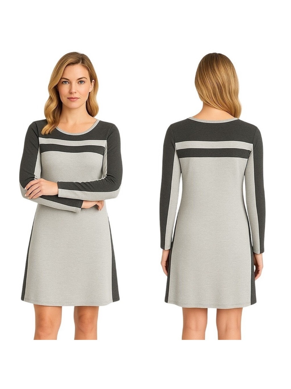 Athleta Two-Tone Long Sleeve A-Line Dress in Light Gray & Cream - minimalist